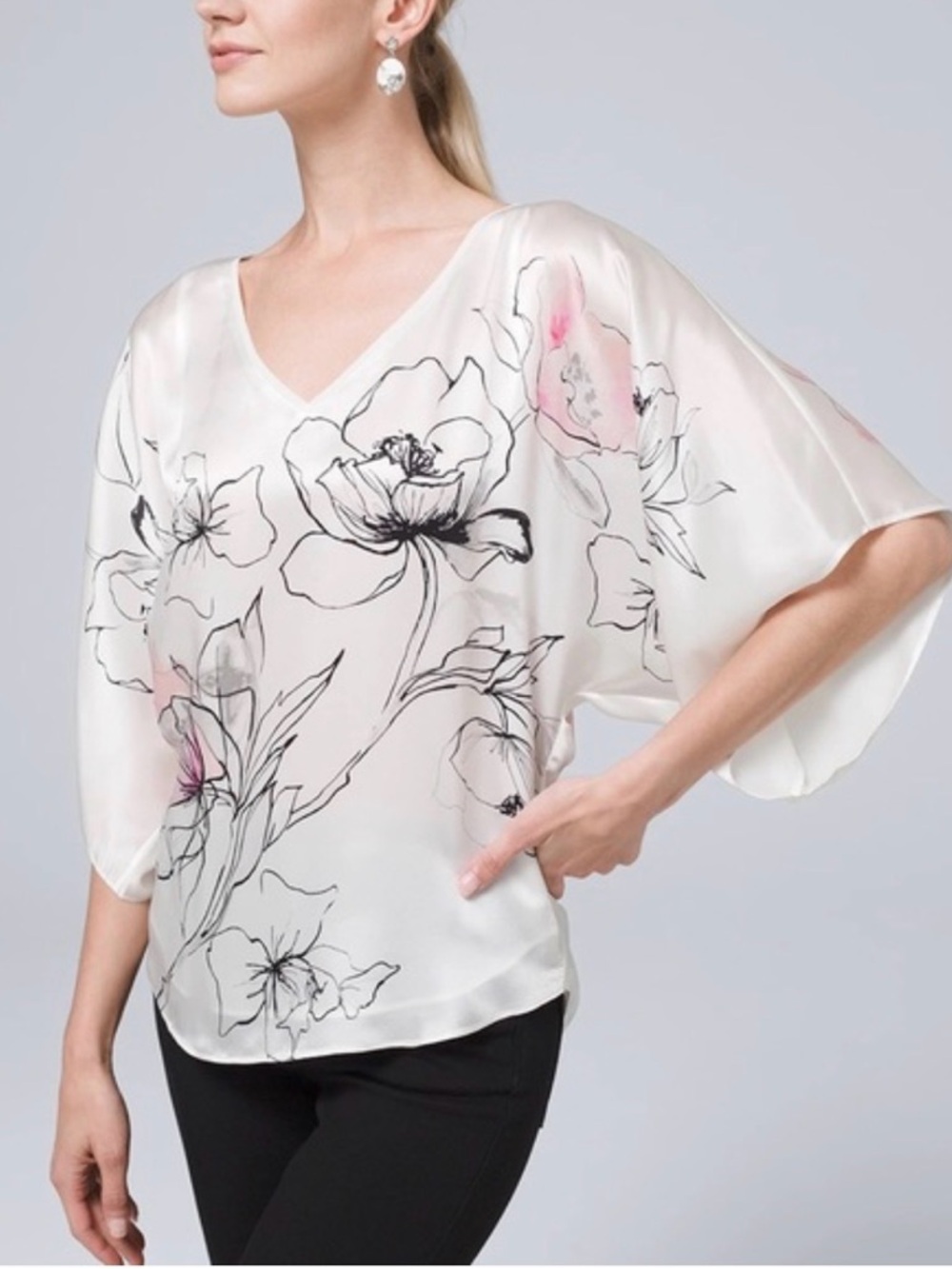 White House Black Market floral silk kimono blouse